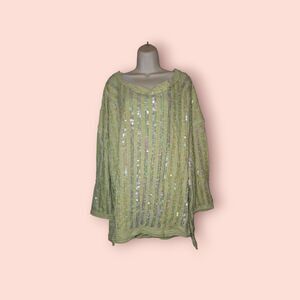 Free People Green Iridescent Sequin Pullover Long Sleeve Top Sparkle Glam